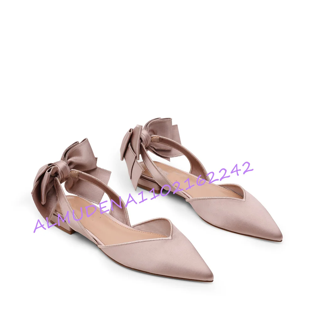 Mule Slip On - エレガントな女性用サテンポインテッドトゥフラットシューズ、バックボウノットスリングバックフラット、快適なスリッポン、結婚式、パーティー、普段使いに最適なドレスシューズ