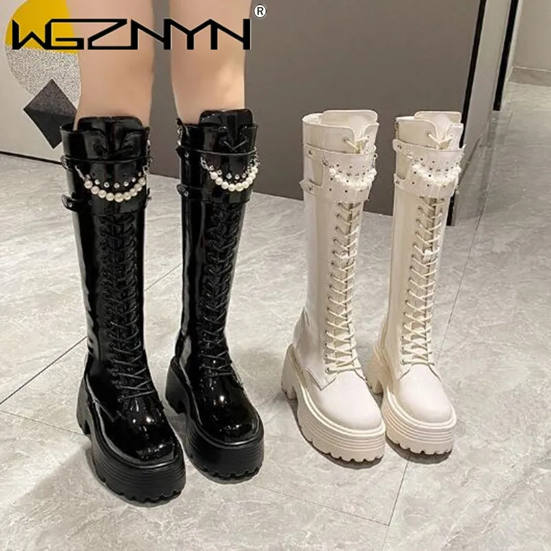 Knee High Boots Women - 女性用レザーニーハイブーツ,暖かいぬいぐるみ,パールプラットフォーム,カジュアルパンクカジュアルシューズ,ハイヒール8.5cm,ロングブーツ,冬