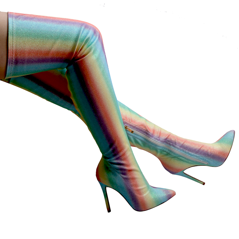 セクシーなレインボーストライプブリンブリンストレッチ太ももブ - Sock Boot Women のレビューと価格