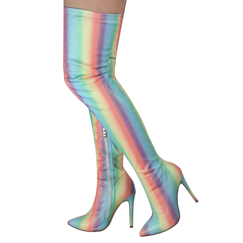 セクシーなレインボーストライプブリンブリンストレッチ太ももブ - Sock Boot Women のレビューと価格