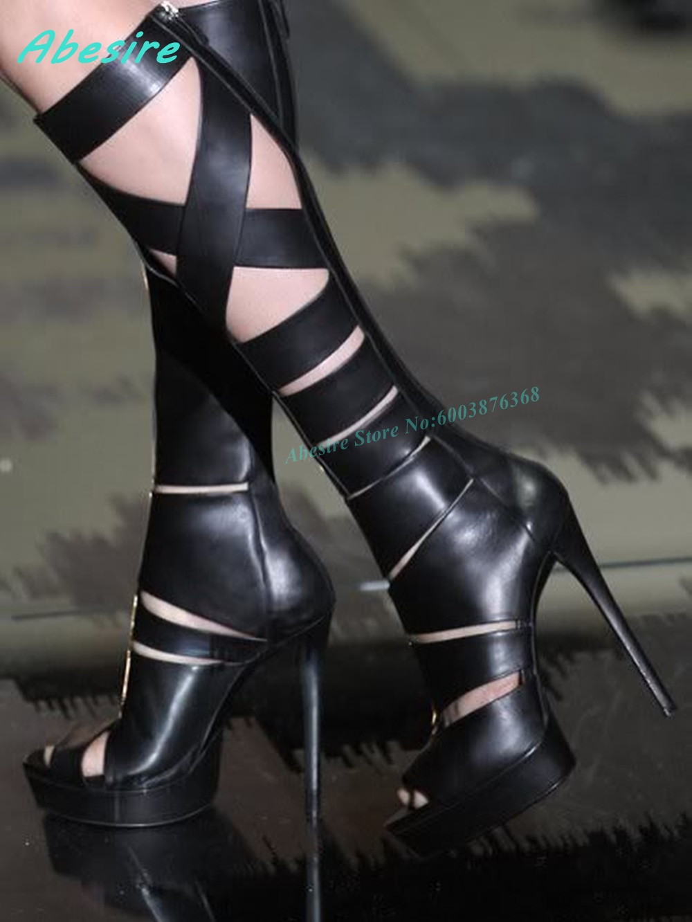 クロスタイド ホローアウト レザーサンダル オープントゥ プ - Knee High Boots Women のレビューと価格