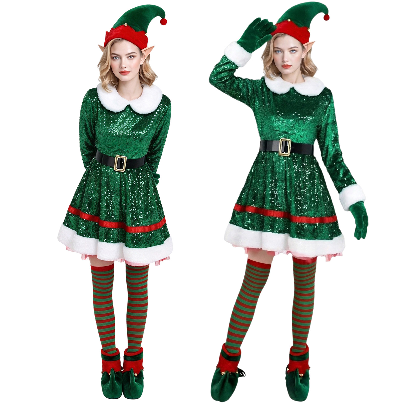 女性用クリスマスエルフコスチューム。長袖、スパンコール付きベ - Women Shoes Xxl のレビューと価格
